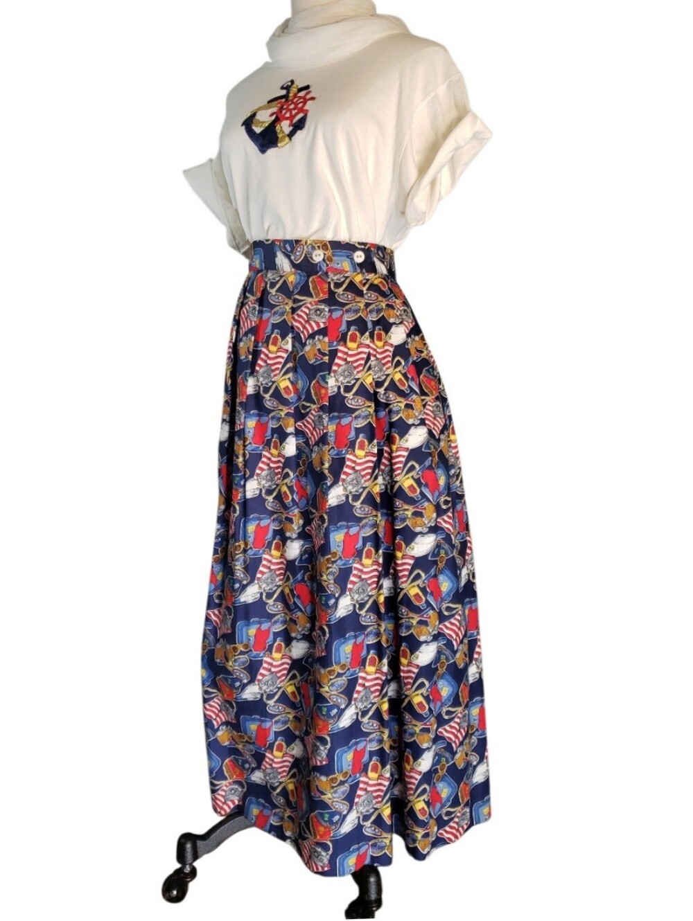 Vintage 80s Navy Preppy Beach Vacation Novelty Print Cotron Maxi Skirt  NEW 28"
